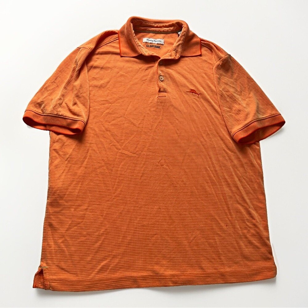 Tommy Bahama Island Zone Polo Shirt Orange Striped Short Sleeve Golf S